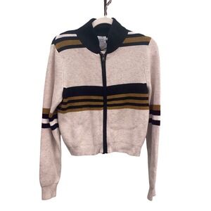 BDG Urban Outfitters Striped Full Zip Ribbed Cardigan Sweater Cream Navy Gold L